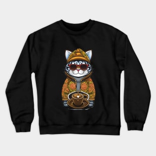 Cute Cat in Sunglasses and Hat with Coffee: Funny Coffee Lover Design Crewneck Sweatshirt